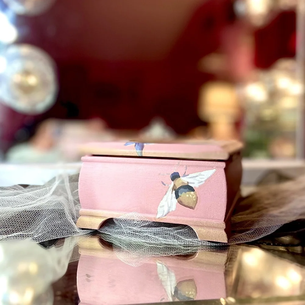 Pink Handmade Floral Painted Jewelry Box Wooden Flower Organizer Velour Interior - Picture 6 of 6